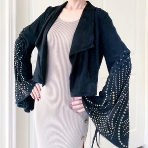 🤩 Free People Stunning Black Suede Jacket Fringed Studded Snap NEW